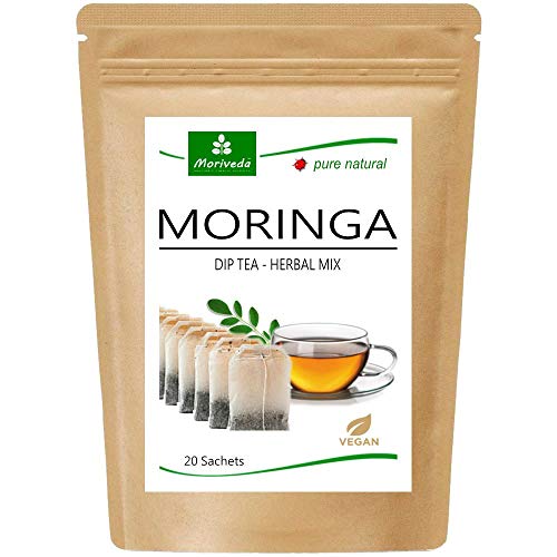 Moringa Tee 100 % natürlich & vegan (wahlweise Moringa-Blattmischung, Apfel-Zimt, Granatapfel, Ingwer, Minze). Qualitätsprod. von MoriVeda (20 Beutel Moringa-Blattmischung)
