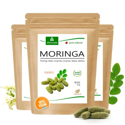 MoriVeda Moringa Energy Tabs 950mg I vegane Presslinge I reines Naturprodukt in Oleifera Qualität I 3x120 Tabletten