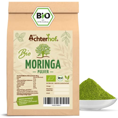 Moringa Pulver Bio 500g | aromatisch, angenehmer, leicht scharfer Geschmack | 100% echtes Moringa Oleifera Blattpulver | aus kontrolliert biologischen Anbau | vom Achterhof